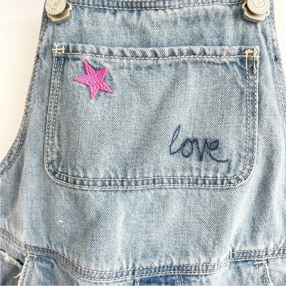 Baby Gap Distress Jean Denim Overalls Embroidered Stars and Hearts Size 4 Years